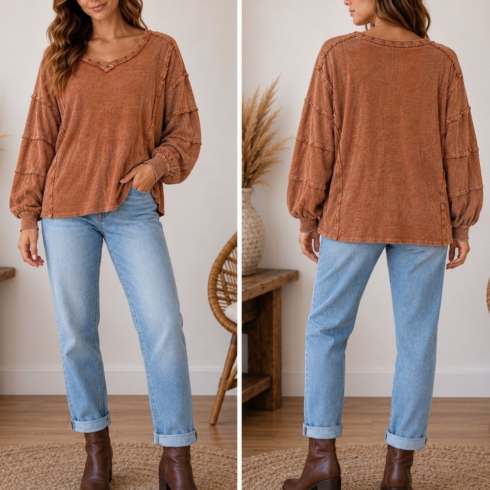 Easel Top Women Lrg Terracotta Oversized Studded V-Neck Ribbed Knit Boho Earthy